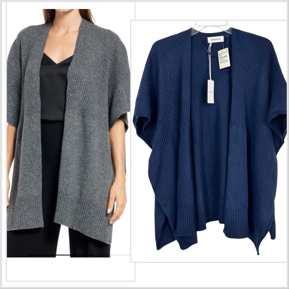 Nordstrom Ribbed Blue Stretch Polyester Blend Ruana Poncho Size OS New